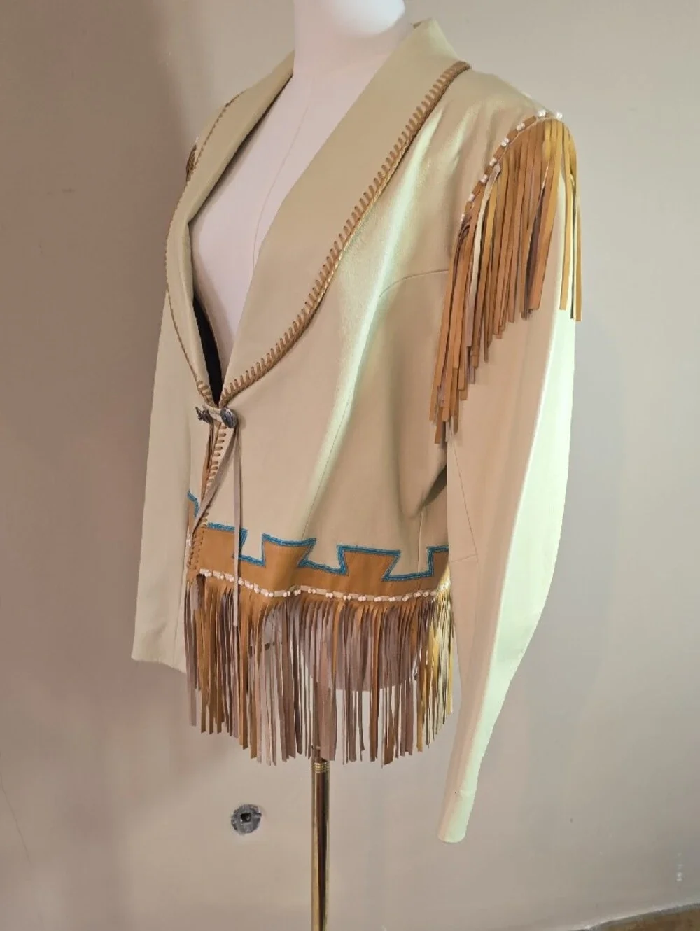 Fringed Pale Yellow Faux Leather Jacket with Turquoise Trim - Picture 7 of 15